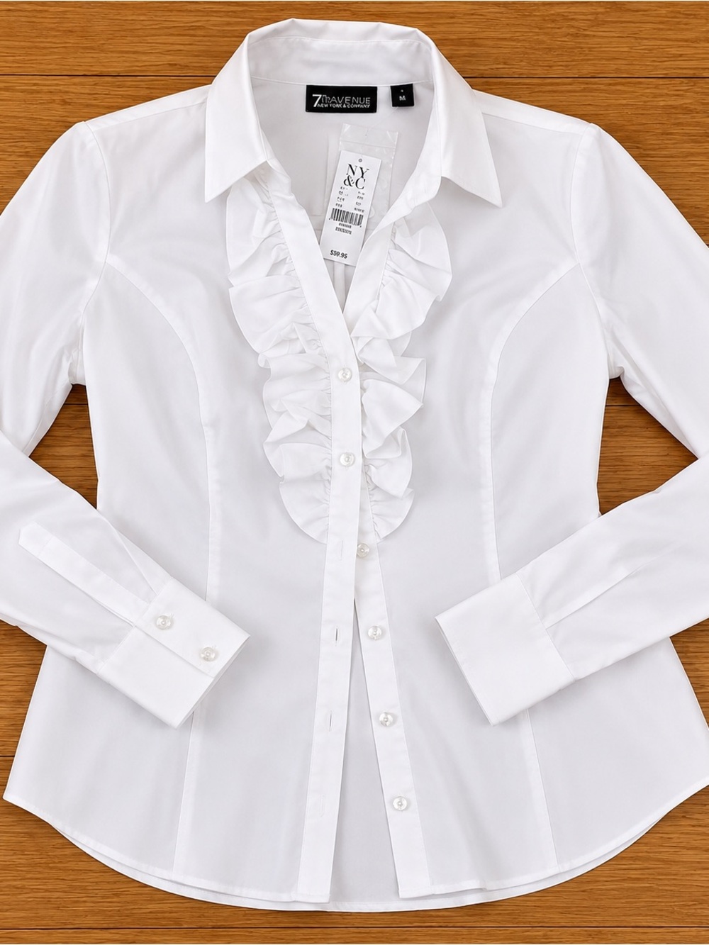 Avenue White Ruffle Front Button-Down Shirt